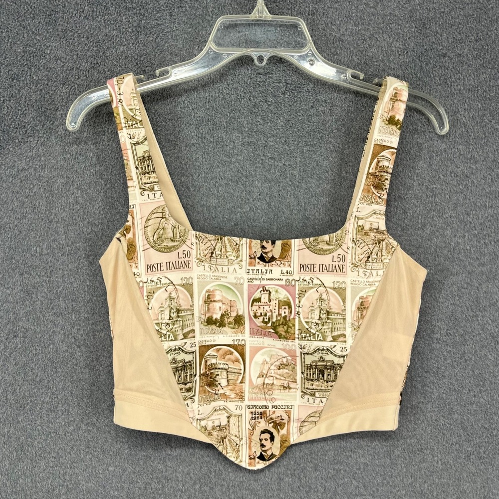 Tiger Mist Corset Top Women Medium Tan Italian‎ Stamp Print Mesh Crop Zip Back